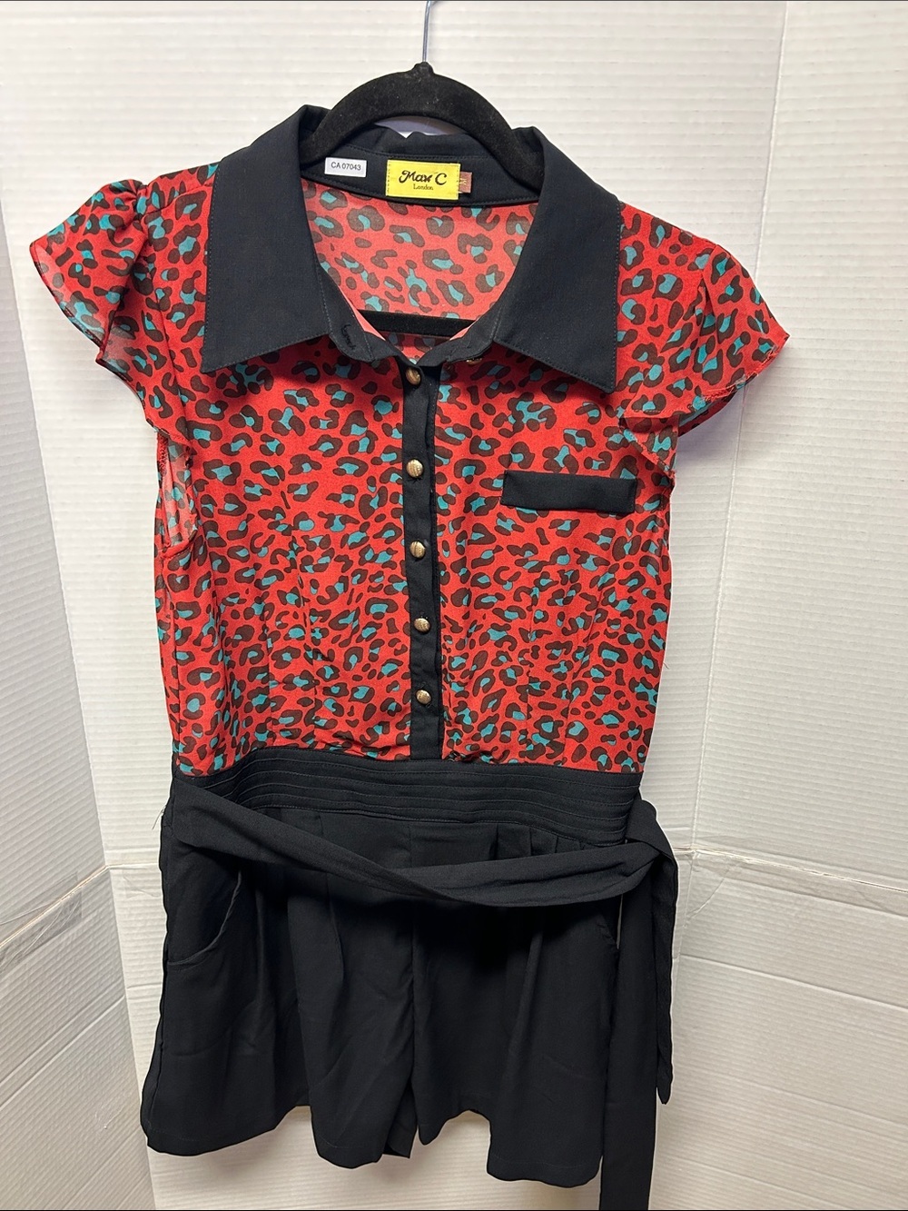 Max C London Retro Red Leopard Print Shirt Dress with Black Trim